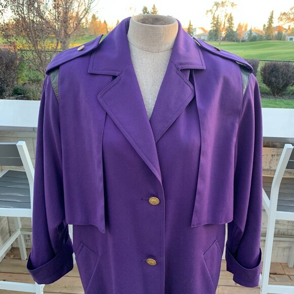 Vintage 80s 90s Purple Wool Gold Button Beltless Long Trench Coat Retro Overcoat - Picture 3 of 16